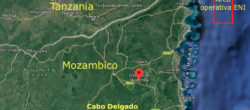 Mappa del nord del Mozambico con il punto dell'imboscata jihadista e l'area di sfruttamento LNG ENI (Courtesy Google Maps)