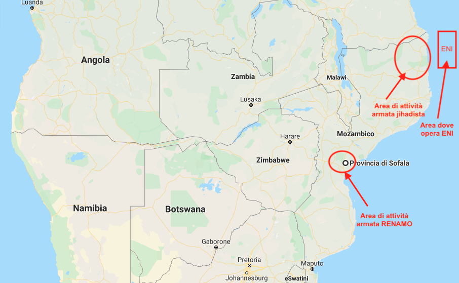 Nel riquadro rosso l'area delle attività ENI ed ExxonMobil. Nei cerchi rossi le aree di di attività di gruppi armati jihadisti a Cabo Delgado e gruppi armati RENAMO a Sofala (Courtesy GoogleMaps)