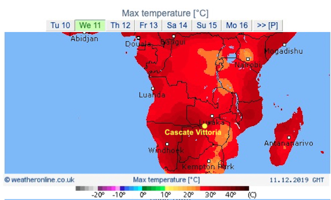 Mappa termica dell'Africa meridionale aggiornata all'11/12/2019. Localizzazione delle Cascate Vittoria (Courtesy weatheronline.co.uk)