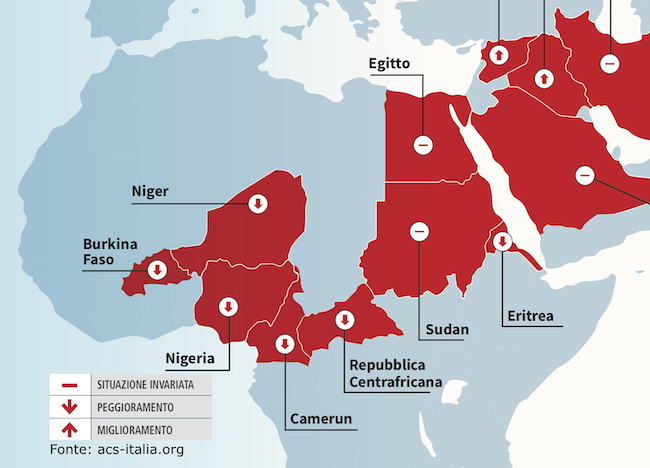Mappa che mostra la situazione della minoranza cristiana in Africa Sub-sahariana