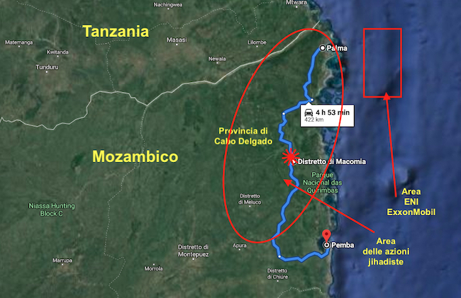 Mappa dell'agguato jihadista nel distretto di Macomia, a Cabo Delgado (Courtesy GoogleMaps)