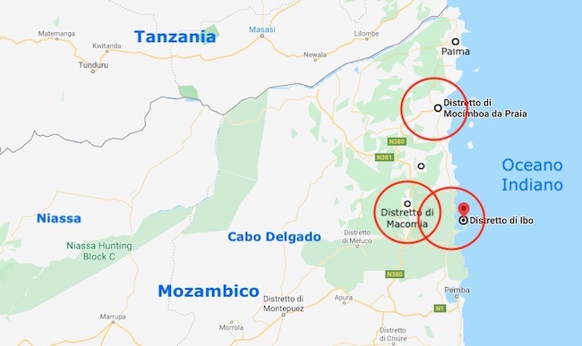 Mappa del Nord del Mozambico con i distretti colpiti dal colera (Courtesy GoogleMaps)