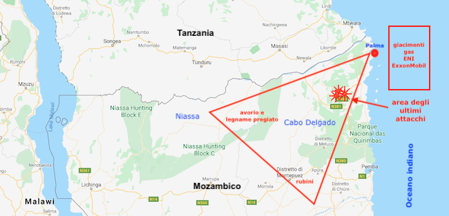 Mappa di Cabo Delgado con triangolo delle ricchezza per il contrabbando jihadista (Courtesy GoogleMaps)