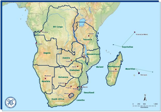 Mappa dei Paesi membri SADC (Courtesy SADC)