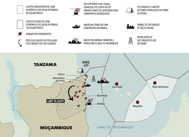 Industria del gas. Mappa di Cabo Delgado con gli attacchi dei ribelli , installazioni per lo sfruttamento del gas, mezzi aerei e navali francesi (Courtesy: Amici della Terra Mozambico)