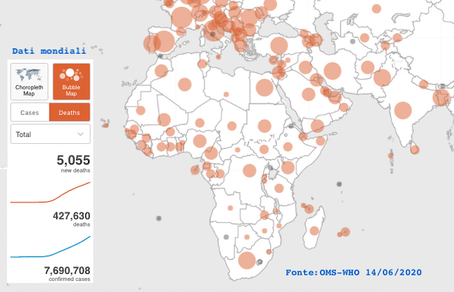 Mappa dell'Africa con Covid -19 aggiornata al 14/06/2020 (Courtesy OMS - WHO)