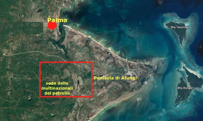 La penisola di Afungi, sede delle multinazionali del petrolio, a sud di Palma (Courtesy: Google Maps)