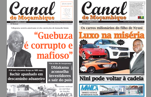Due copertine di Canal de Moçambique con le inchieste sull'ex presidente Guebuza e il figlio dell'attuale capo di Stato, Nyusi