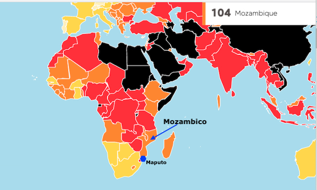 Mappa sulla libertà di stampa di Reporters sans Frontieres: il Mozambico nel 2020 e al 104° posto su 180 Paesi (Courtesy RSF)