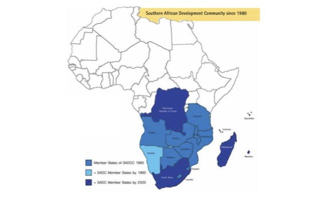 Mappa degli Stati membri SADC dal 1980 ad oggi