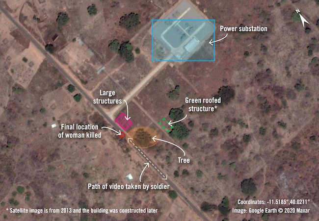 Mappa satellitare della ricostruzione fatta dal Crisis Evidence Lab di Amnesty International. Il luogo dell'esecuzione a freddo della donna da parte delle FADM (Courtesy Amnesty International)