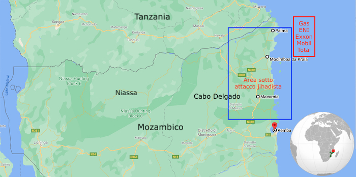 Mappa di Cabo Delgado . Evidenziate le aree di attacco jihadista e il giacimento di gas offshore (Courtesy GoogleMaps)