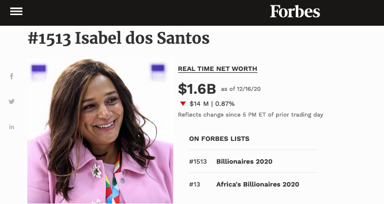 Luanda Leaks - Isabel dos Santos nella pagina web di Forbes
