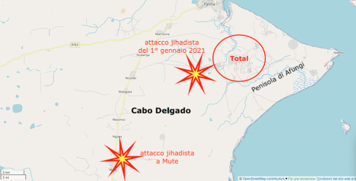Mappa dell'area degli ultimi attacchi vicini ai giacimenti di gas dove operano Total, ENI, ExxonMobil