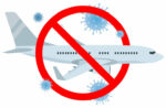 Vector concept of travel cancellation, forbidden airplane flight with coronavirus COVID-19 icons.