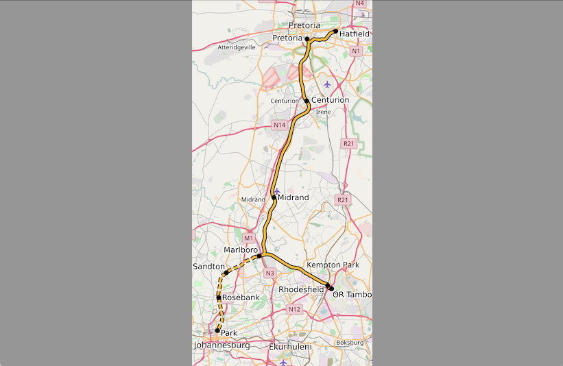 Gautrain percorso Johannesburg-Pretoria