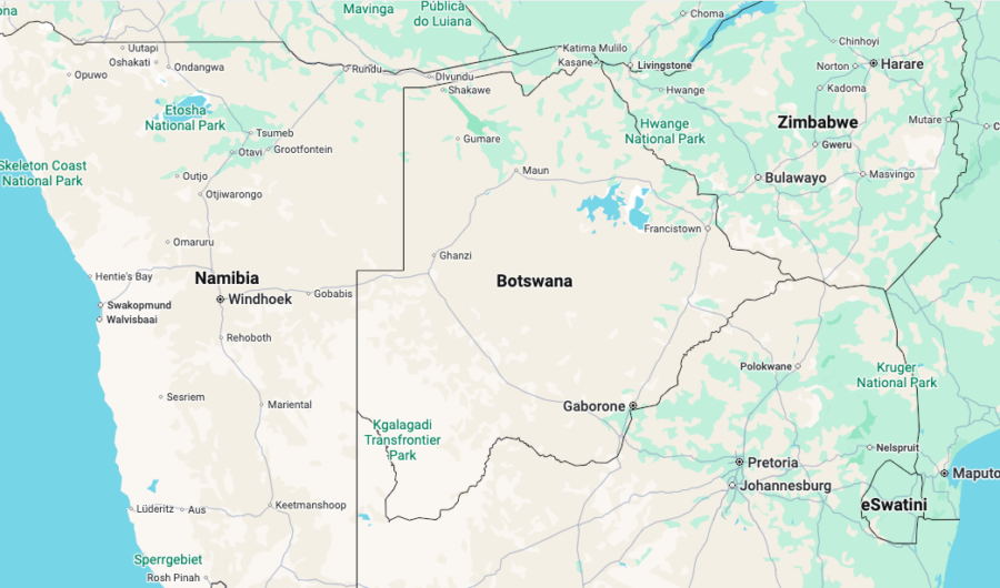 Mappa del Botswana e parte dell'Africa australe